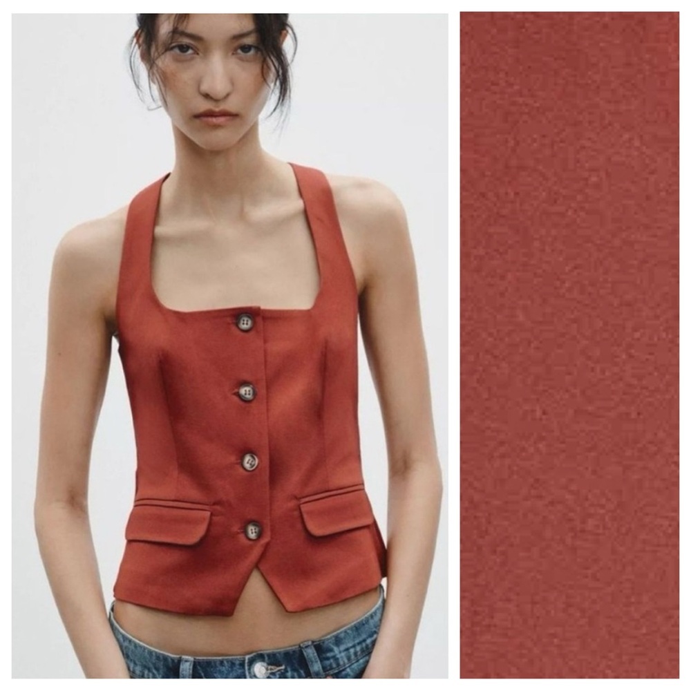 NWT. Zara Brick Orange Cotton Blend Square Neck Vest Top. Size S.